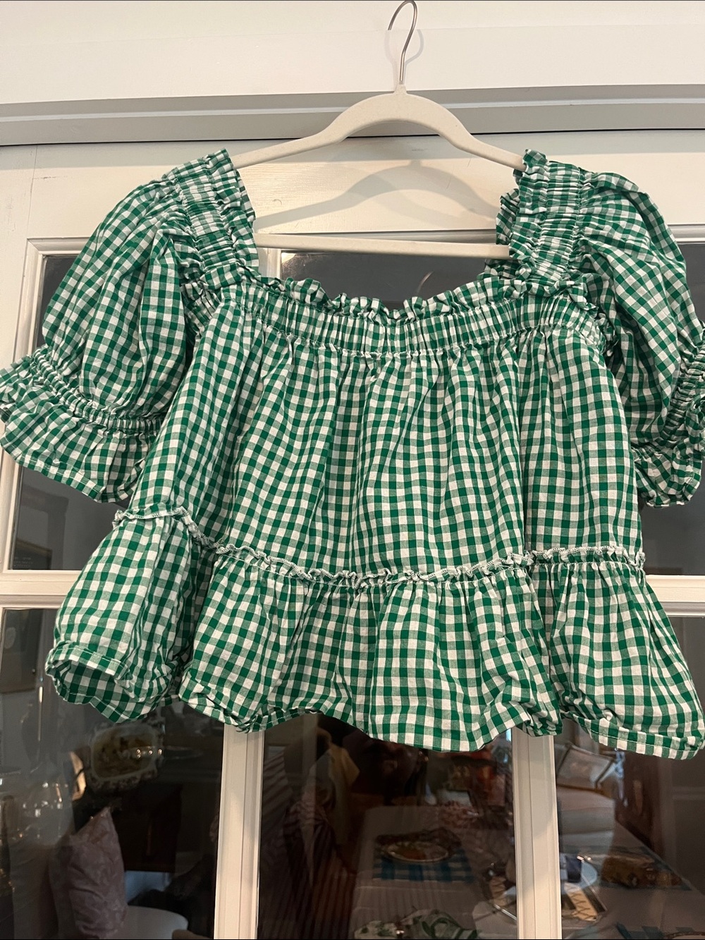 Elizabeth Wilson Gingham Off-Shoulder Ruffle Top